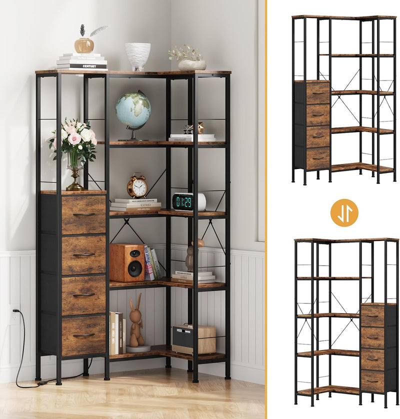 Corner Bookshelf Unit with 4 Fabric Drawers LED