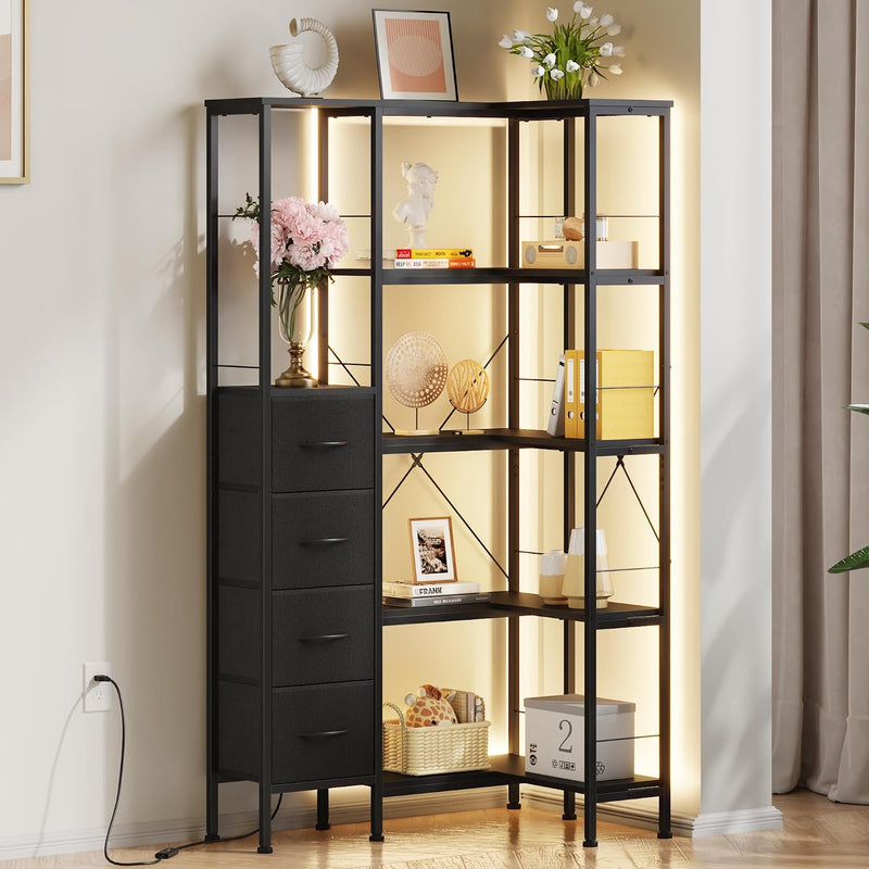 Corner Bookshelf Unit with 4 Fabric Drawers LED