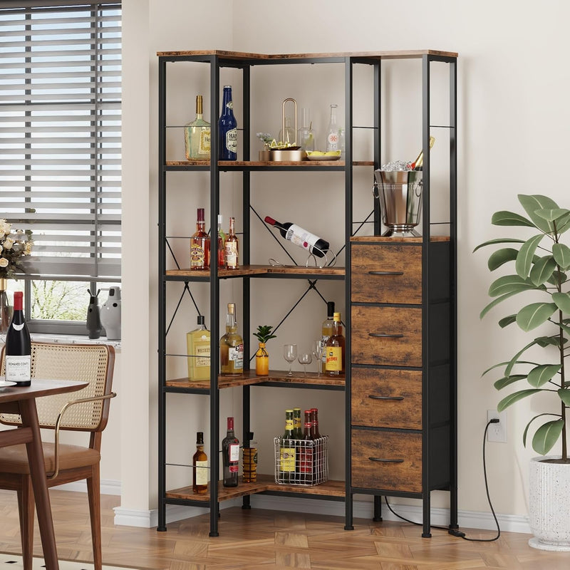 Corner Bookshelf Unit with 4 Fabric Drawers LED