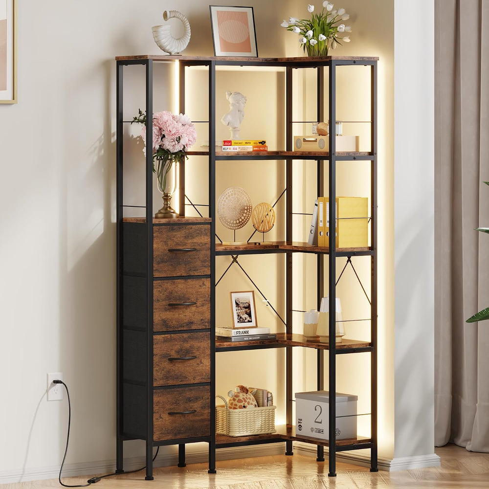 Corner Bookshelf Unit with 4 Fabric Drawers LED