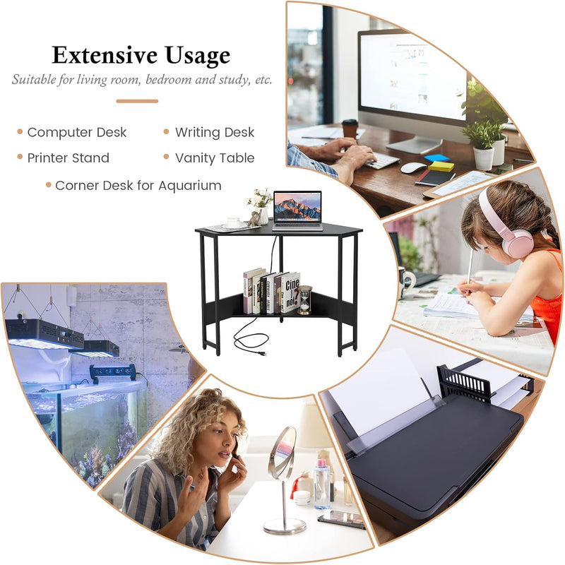 Corner Computer Desk Triangular Writing with Power Outlet