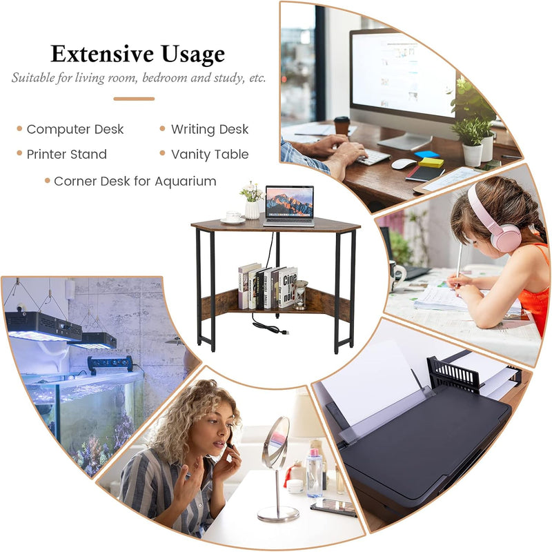 Corner Computer Desk Triangular Writing with Power Outlet