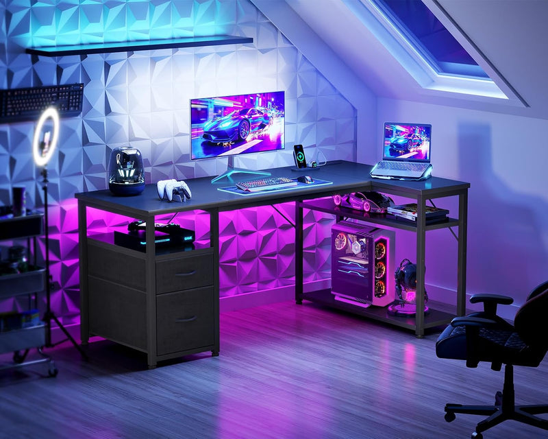 Corner Computer Desk with Drawers and Shelves