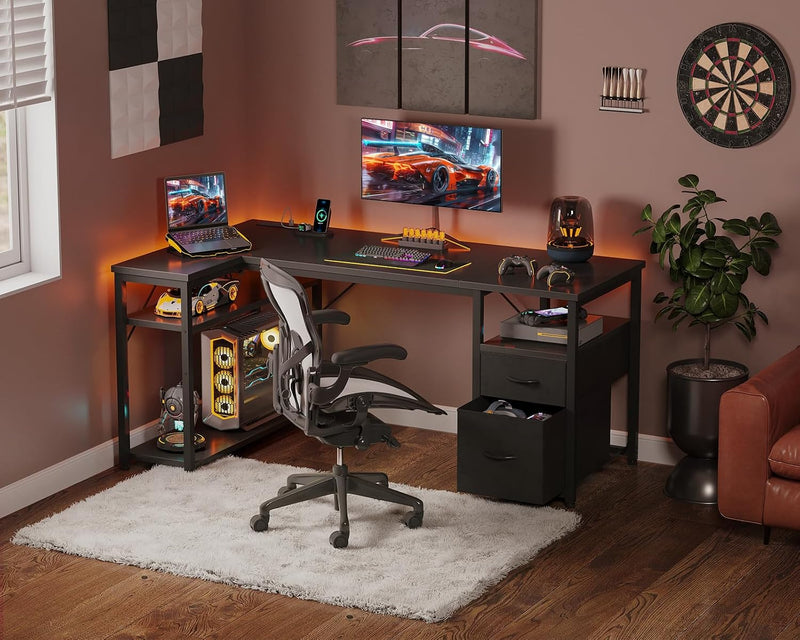 Corner Computer Desk with Drawers and Shelves