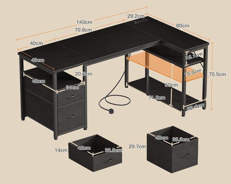 Corner Computer Desk with Drawers and Shelves