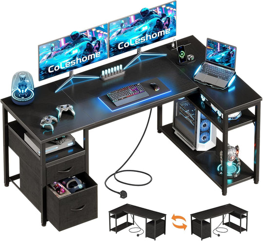 Corner Computer Desk with Drawers and Shelves