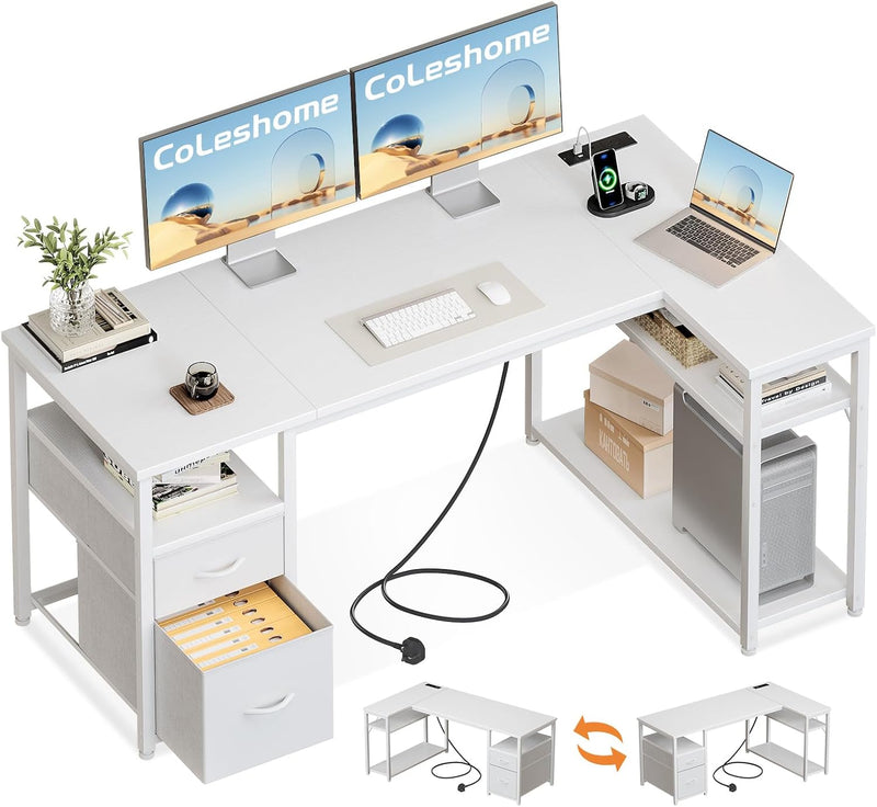 Corner Computer Desk with Drawers and Shelves
