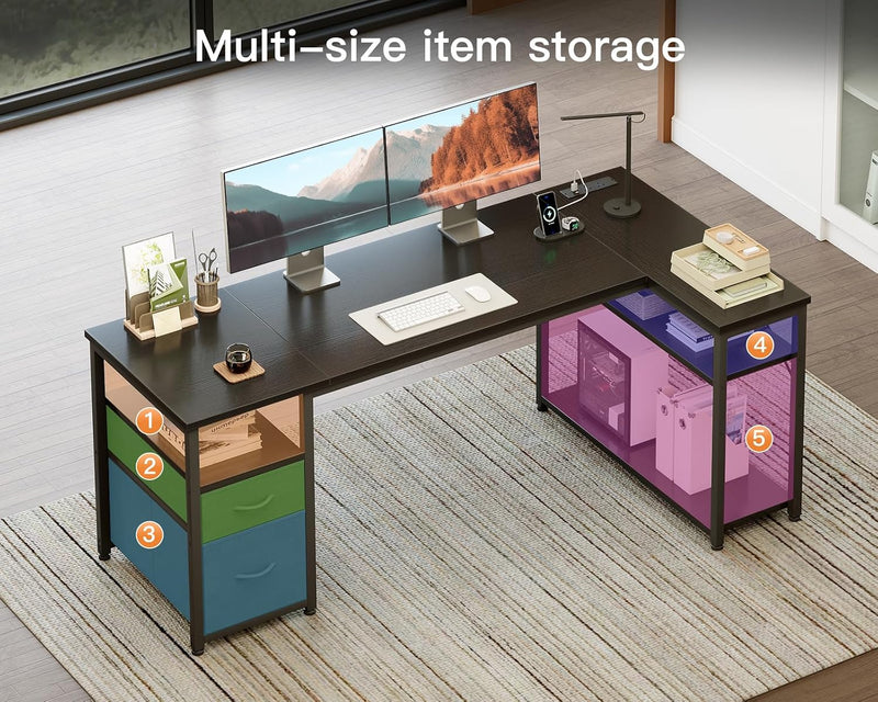 Corner Computer Desk with Drawers and Shelves