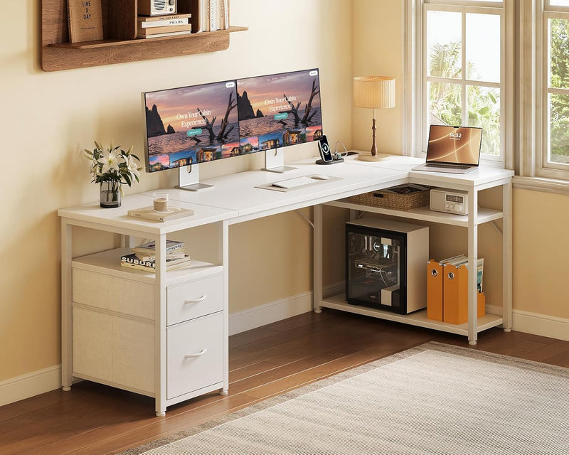 Corner Computer Desk with Drawers and Shelves