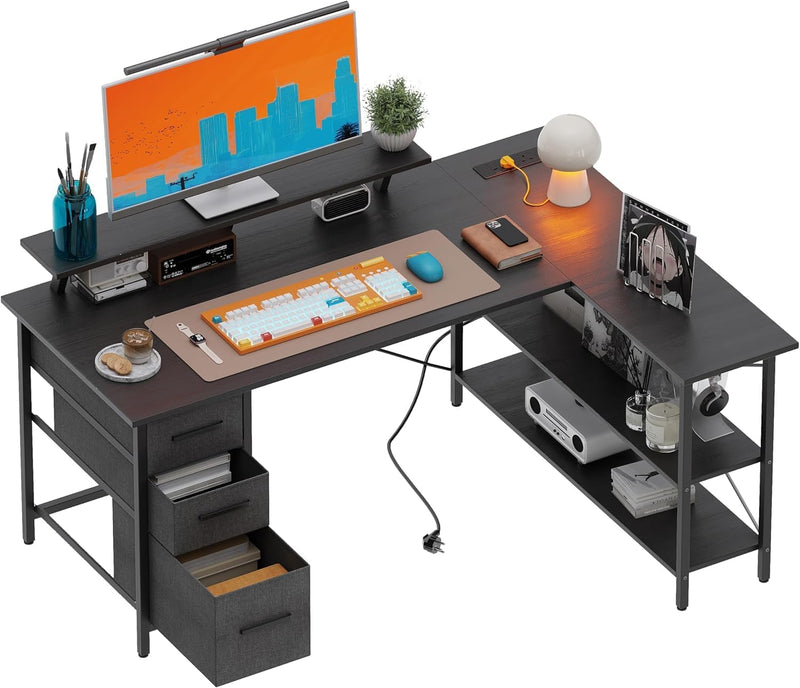Corner Computer Desk with Drawers Reversible L