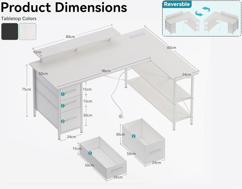 Corner Computer Desk with Drawers Reversible L