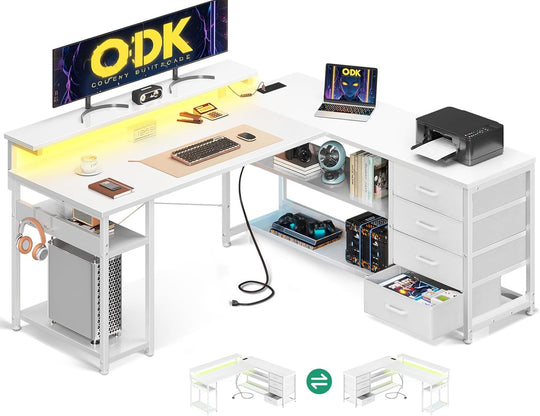 Corner Desk with Drawers L Shaped Gaming LED