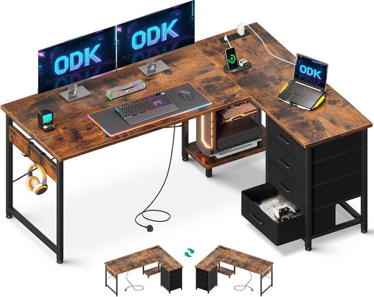 Corner Desk with Drawers Reversible L Shaped Computer