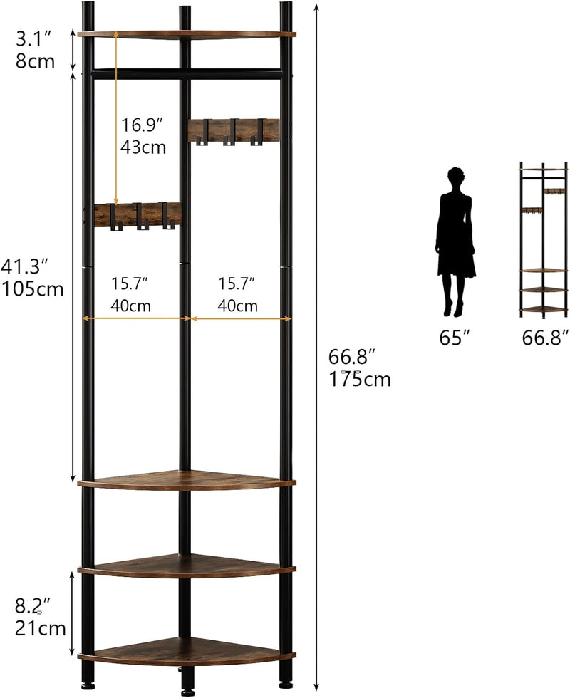 Corner Hall Tree Coat Rack with 4-Tier Shelves