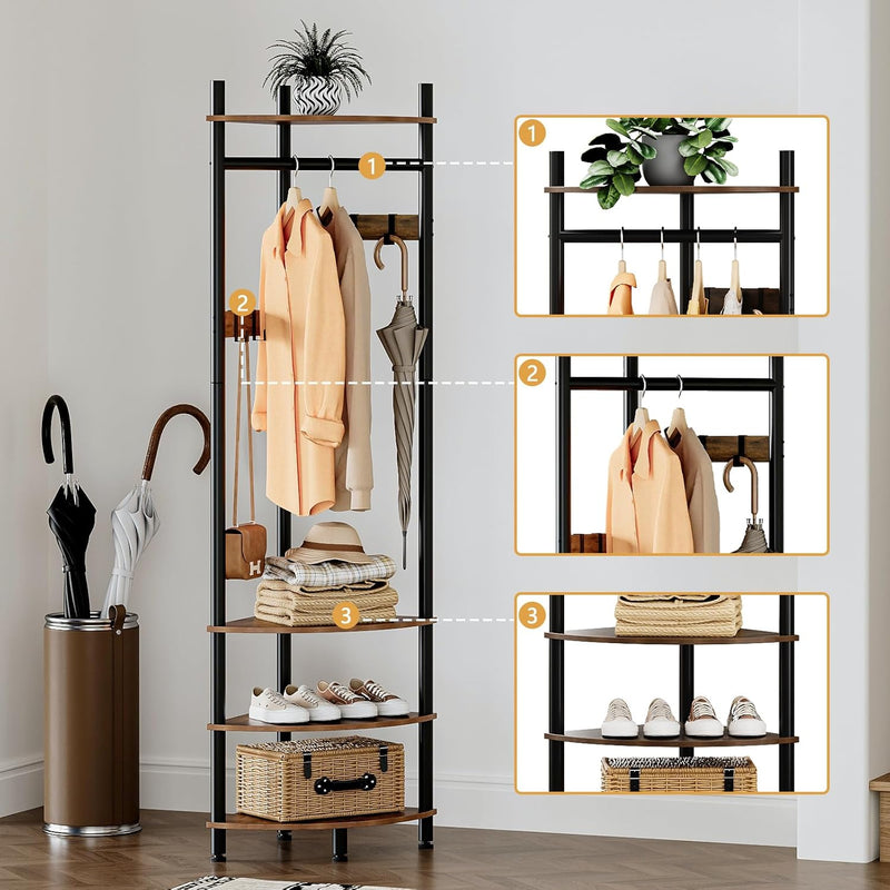 Corner Hall Tree Coat Rack with 4-Tier Shelves