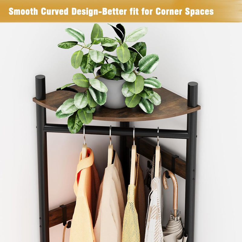Corner Hall Tree Coat Rack with 4-Tier Shelves