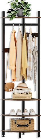 Corner Hall Tree Coat Rack with 4-Tier Shelves
