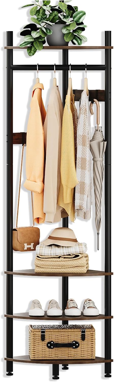 Corner Hall Tree Coat Rack with 4-Tier Shelves