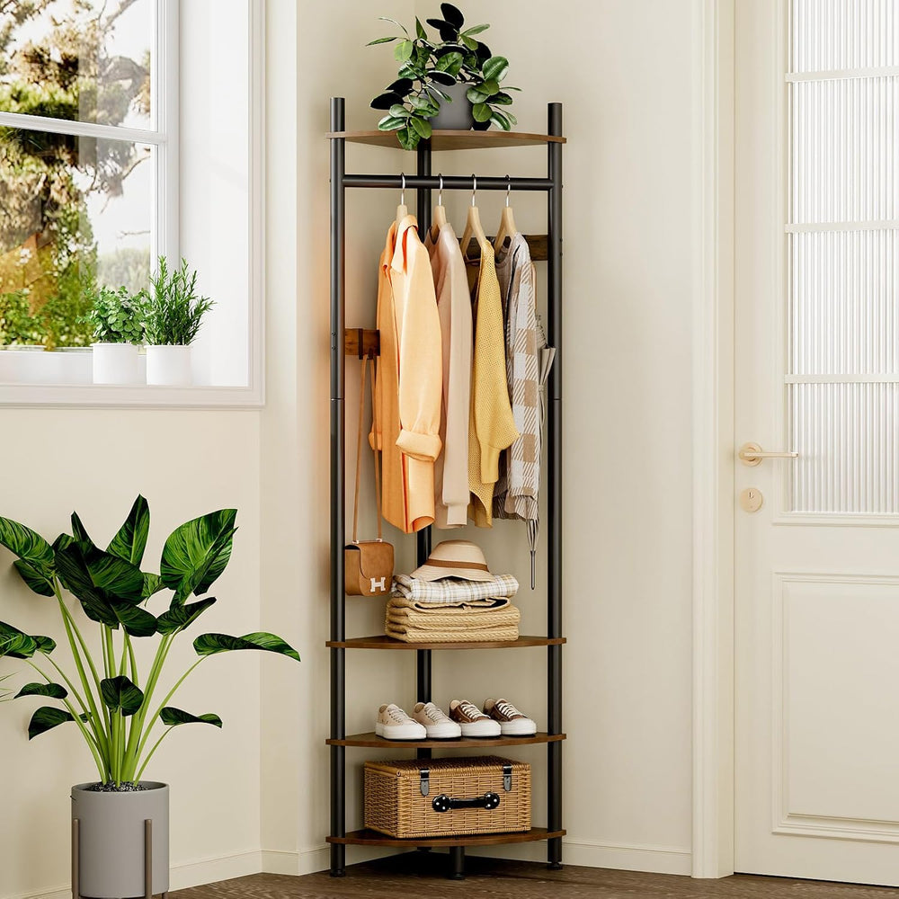 Corner Hall Tree Coat Rack with 4-Tier Shelves