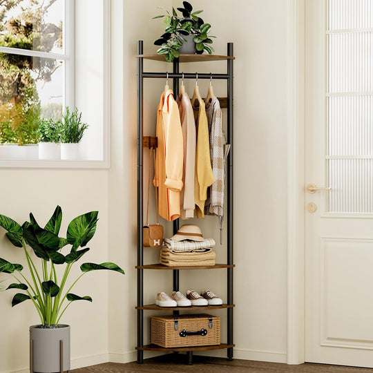 Corner Hall Tree Coat Rack with 4-Tier Shelves