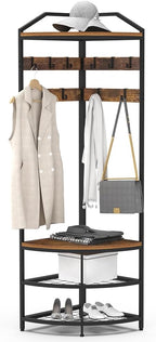 Corner Hall Tree Coat Rack with Shoe Bench