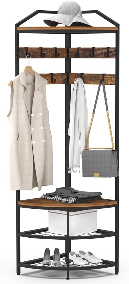 Corner Hall Tree Coat Rack with Shoe Bench