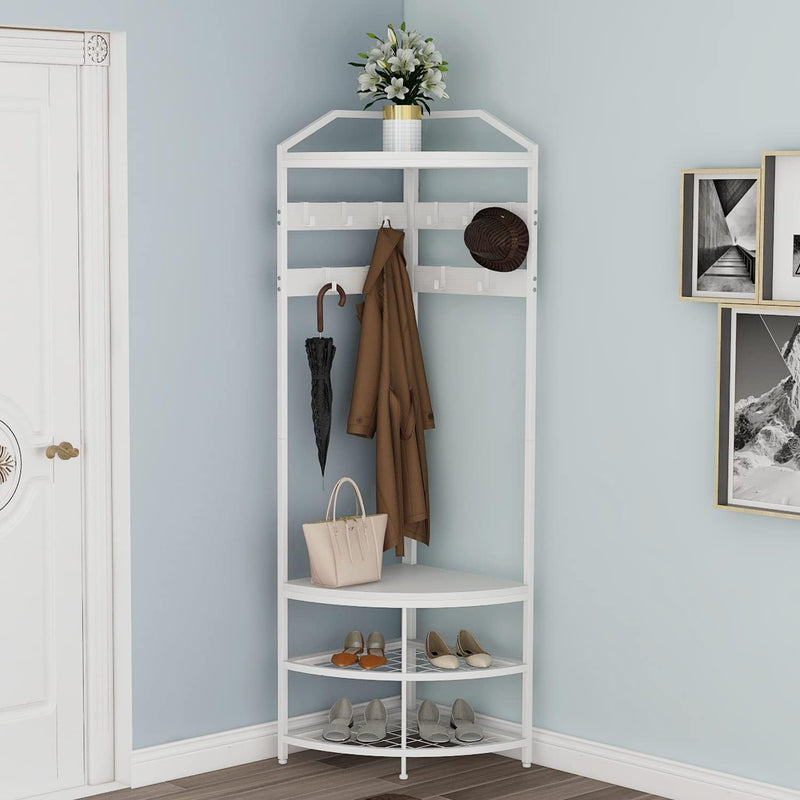 Corner Hall Tree Coat Rack with Shoe Bench