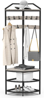Corner Hall Tree Coat Rack with Shoe Bench