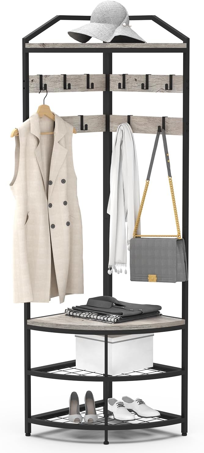 Corner Hall Tree Coat Rack with Shoe Bench