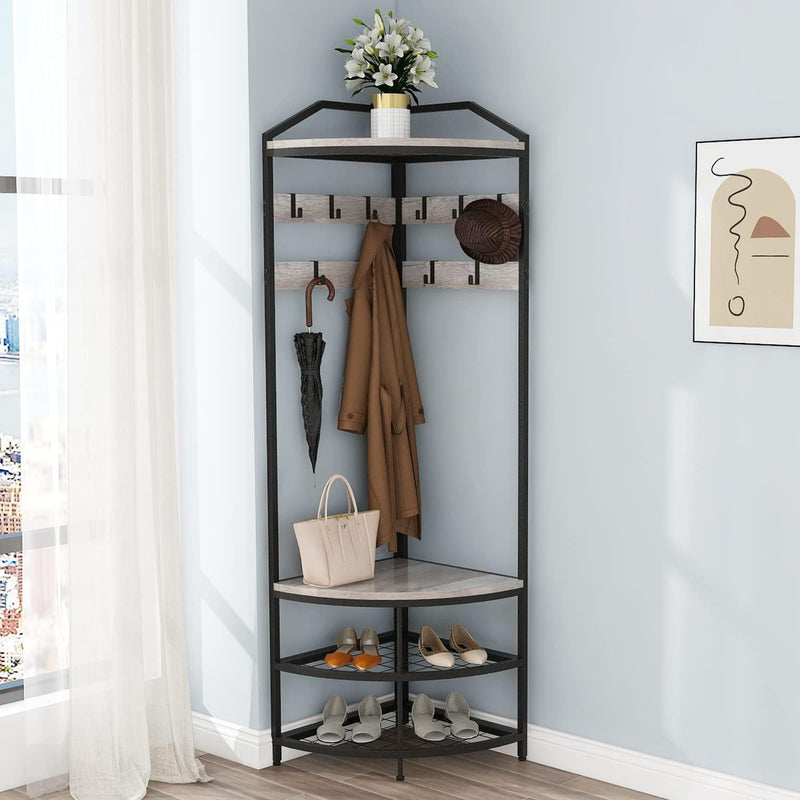 Corner Hall Tree Coat Rack with Shoe Bench