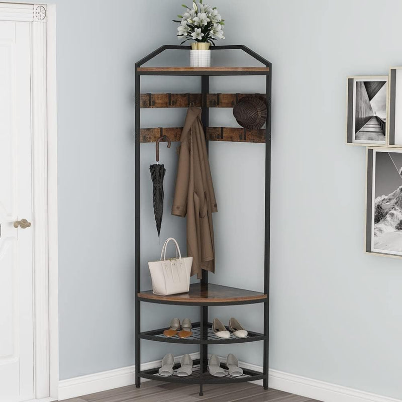 Corner Hall Tree Coat Rack with Shoe Bench