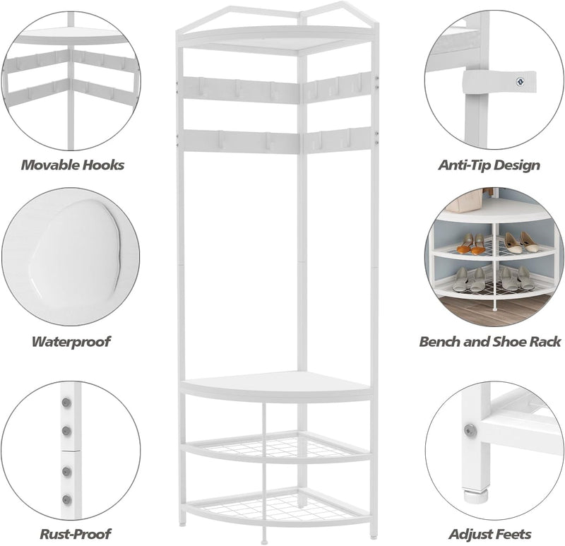 Corner Hall Tree Coat Rack with Shoe Bench