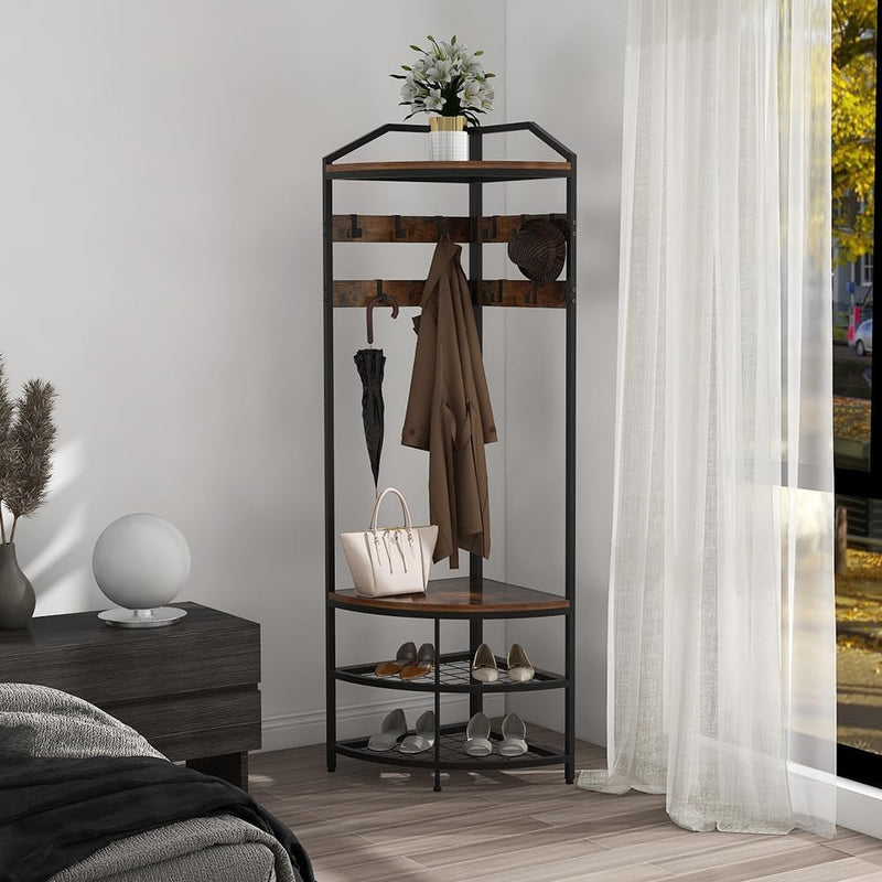 Corner Hall Tree Coat Rack with Shoe Bench