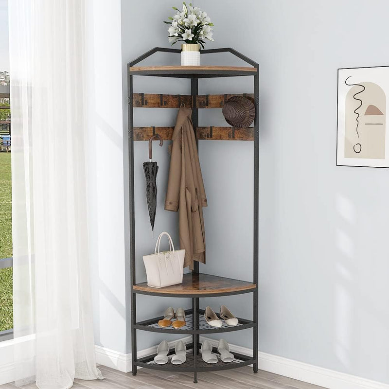 Corner Hall Tree Coat Rack with Shoe Bench