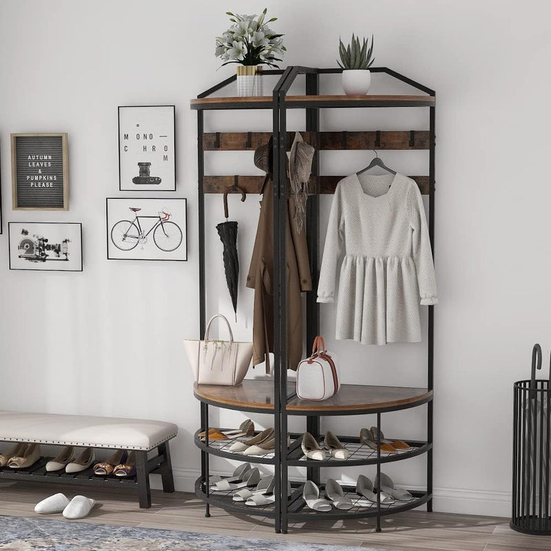 Corner Hall Tree Coat Rack with Shoe Bench