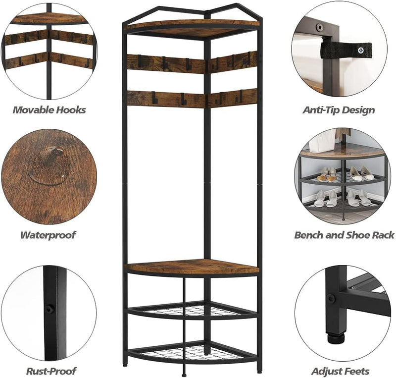 Corner Hall Tree Coat Rack with Shoe Bench