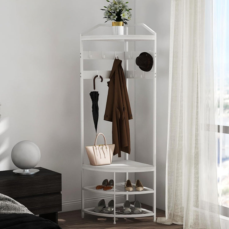 Corner Hall Tree Coat Rack with Shoe Bench