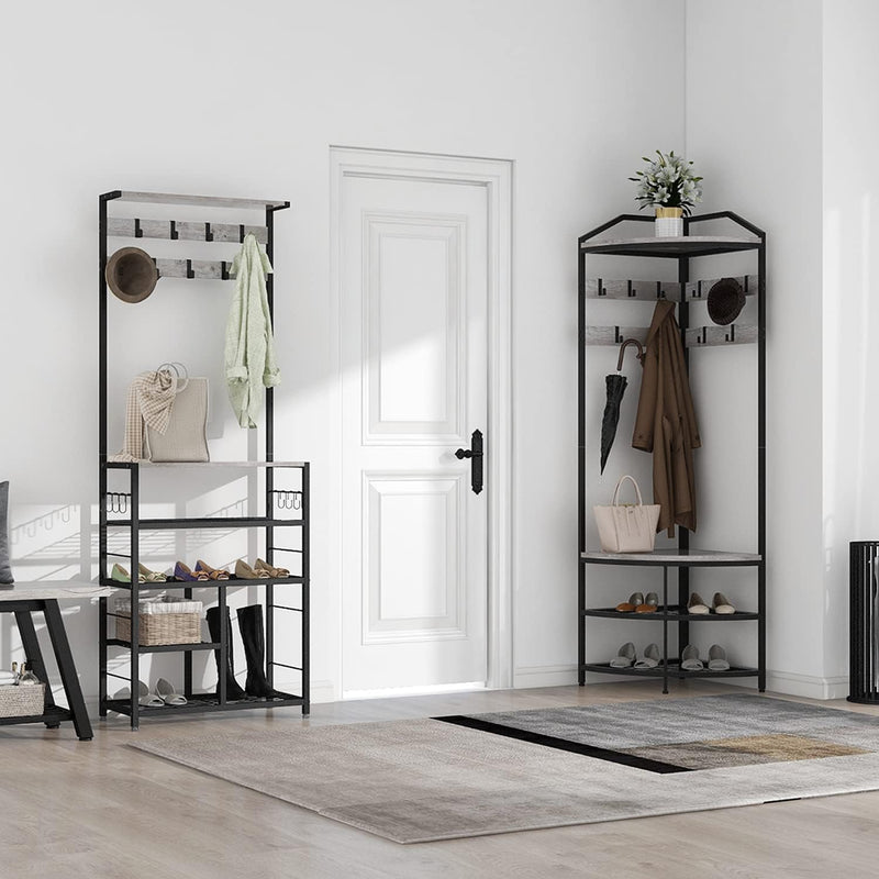 Corner Hall Tree Coat Rack with Shoe Bench