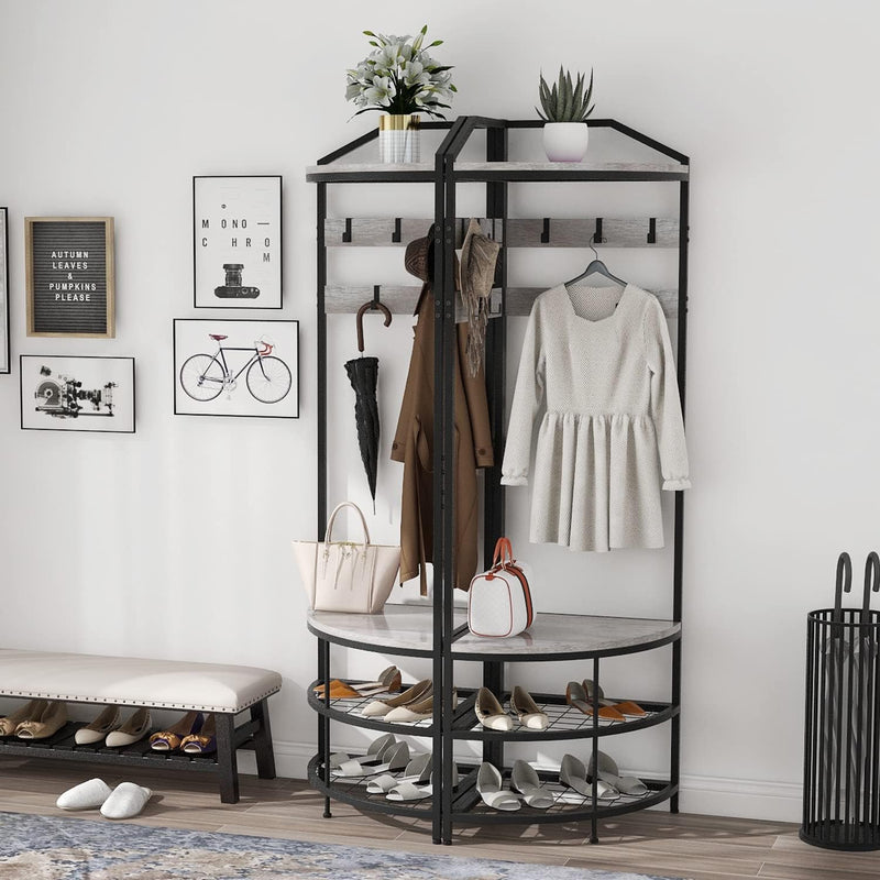 Corner Hall Tree Coat Rack with Shoe Bench