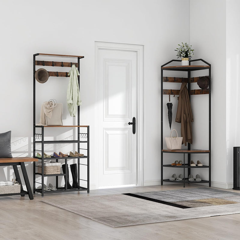 Corner Hall Tree Coat Rack with Shoe Bench