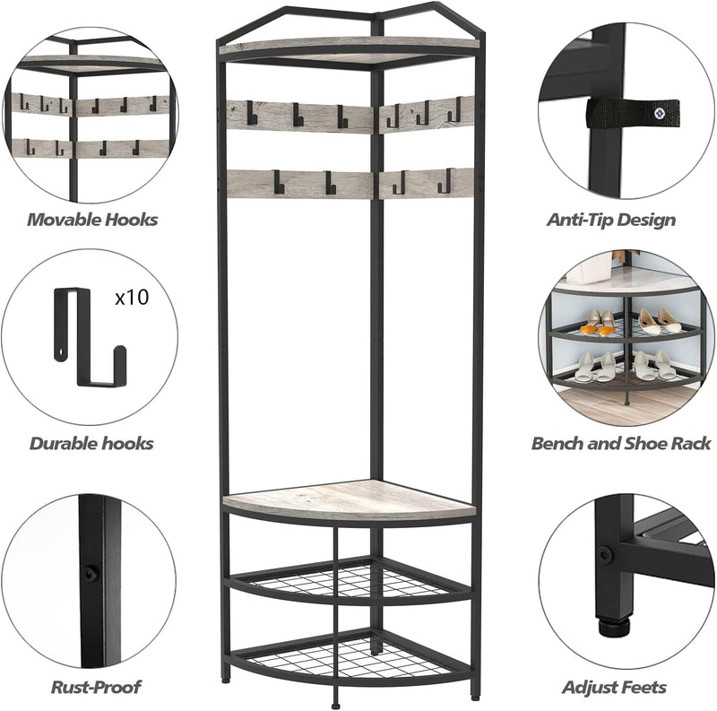 Corner Hall Tree Coat Rack with Shoe Bench