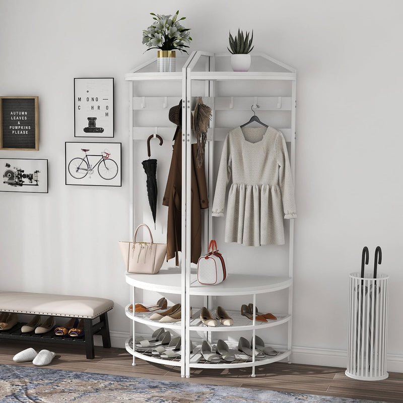 Corner Hall Tree Coat Rack with Shoe Bench