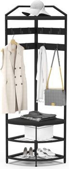 Corner Hall Tree Coat Rack with Shoe Bench
