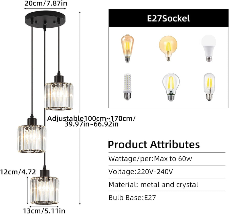 Crystal 3-Light Pendant Ceiling Light Kitchen Island Lights