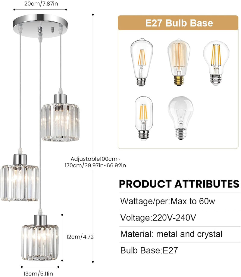 Crystal 3-Light Pendant Ceiling Light Kitchen Island Lights