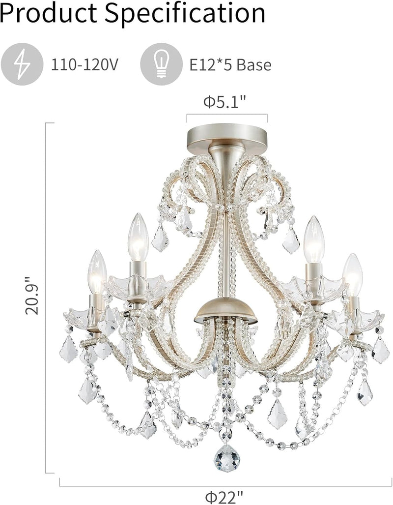 Crystal 5-Light Candle Chandelier Pendant Flushmount Ceiling