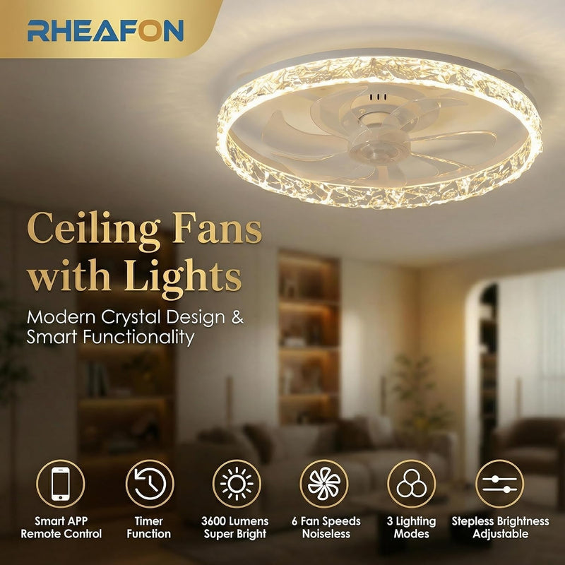 Crystal Ceiling Fans with Lights and Remote Smart