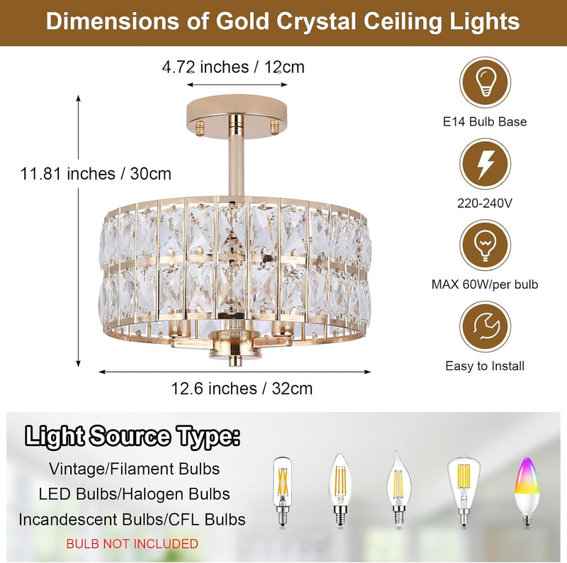 Crystal Ceiling Lights 3-Light Chrome Living Room Modern