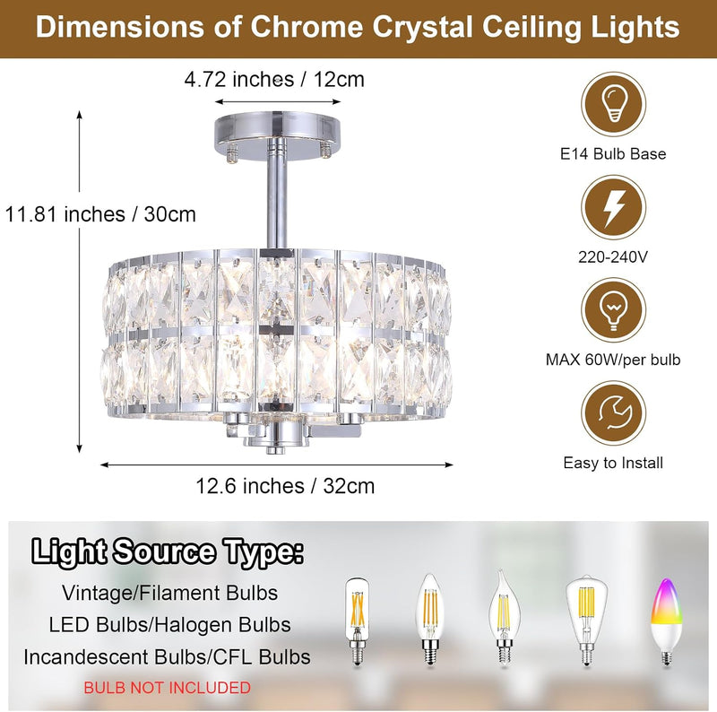 Crystal Ceiling Lights 3-Light Chrome Living Room Modern