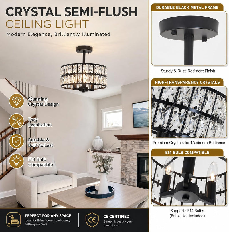 Crystal Ceiling Lights 3-Light Chrome Living Room Modern